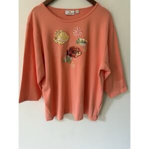 Quacker Factory Sequined Top Size 1X Long Sleeve Cotton Coral Sea Tropical